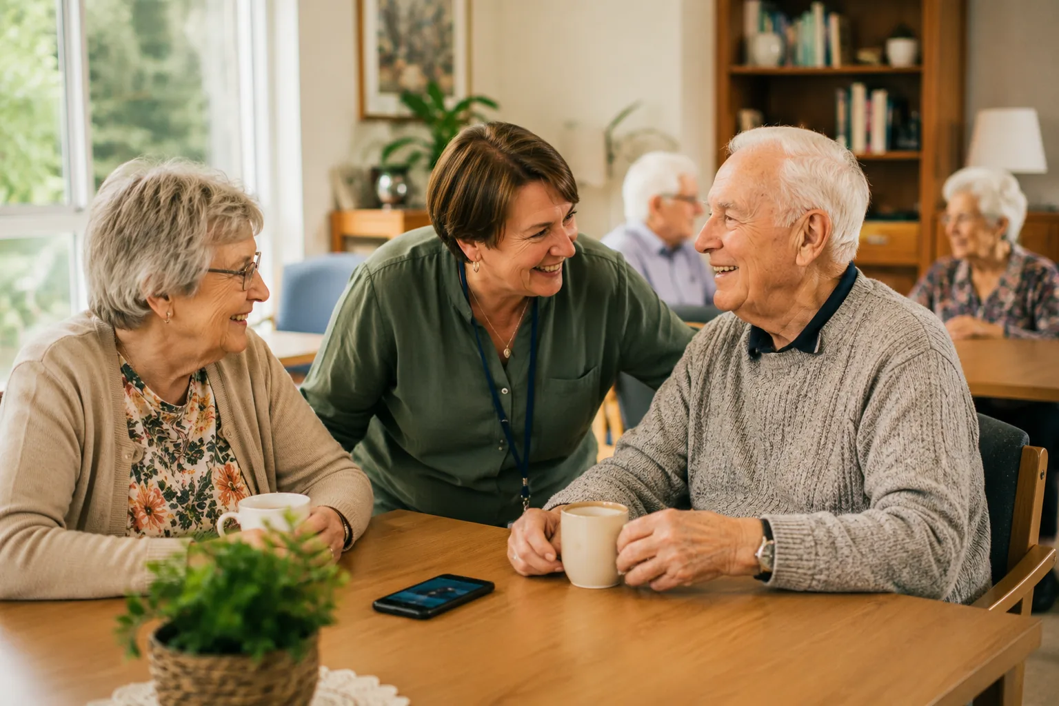 Older Australians and a carer sharing a warm moment together at a community table